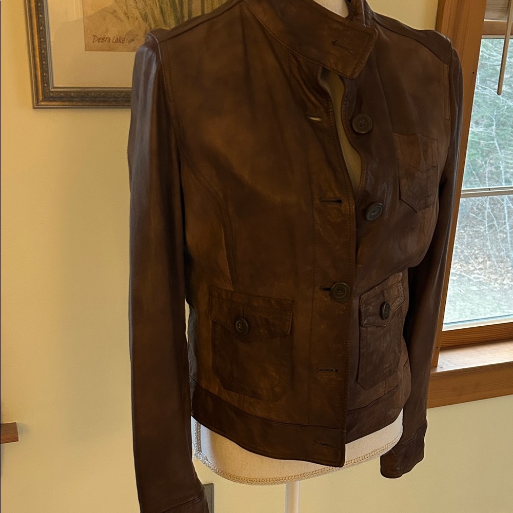 GAP Dark Brown Leather Button-Front Jacket like N… - image 4